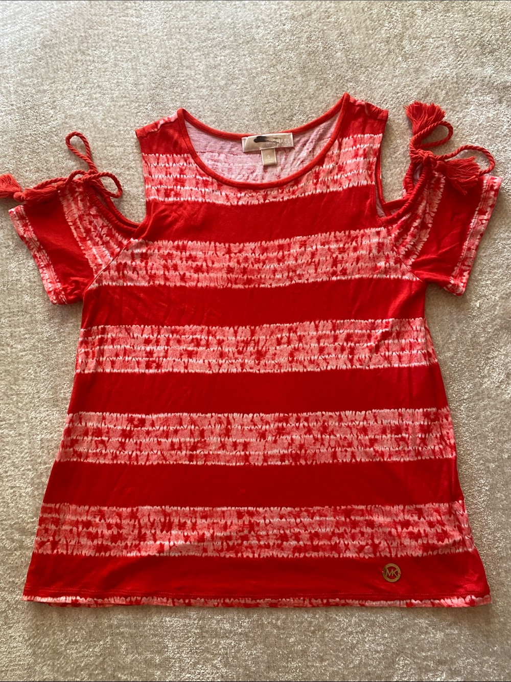 Michael Kors Red and White Tie-Dye Cold-Shoulder Top